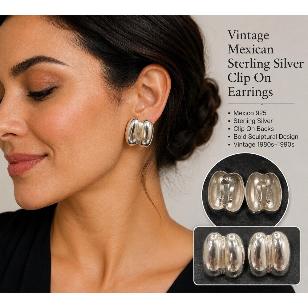 Vintage Mexico 925 Sterling Silver Large Bold Sculptural Puffy Clip On Earrings